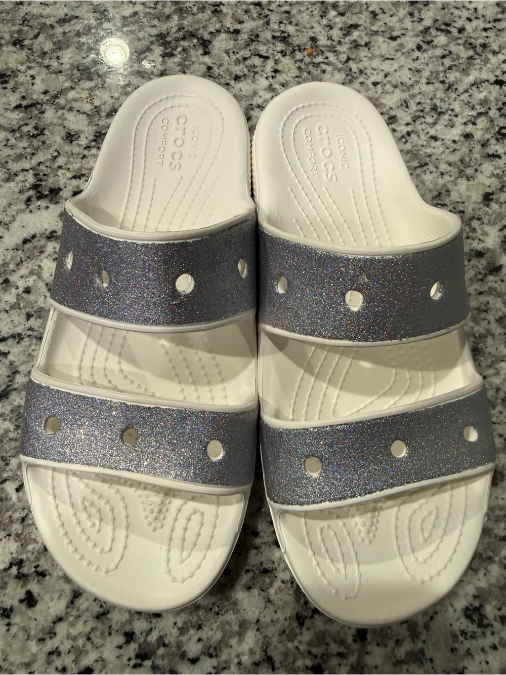 Crocs White Slides with Silver Glitter Straps